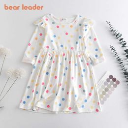 Bear Leader Girls Casual Dresses Fashion Spring Fashion Kids Full Ruffles Sleeve Dress Party Costumes Colourful Dot Clothing 210708