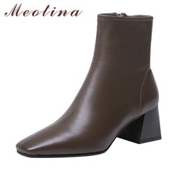 Real Leather High Heel Woman Boots Sheepskin Thick Ankle Zip Square Toe Shoes Lady Short Autumn Winter 210517
