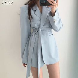 Spring Women Elegant Turn-down Collar Single Breasted Blazer Office Lady Solid Coat with Belt 210423