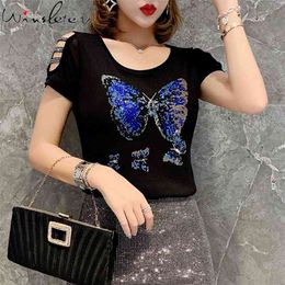 Women T-shirts Casual Butterfly Tops Tee Summer Female T shirt Short Sleeve Diamonds Tshirt For Womens Clothing T03010B 210421