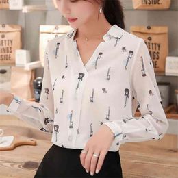 Spring Autumn Women's Blouse Korean Style Floral V-neck Print shirt Slim Thin Long Sleeve Female Tops LL482 210506