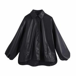 Ladies Lapel Puffy Long-Sleeved Black Artificial Leather PU Coat 210521