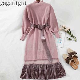 Gaganight Women Autumn Winter Dress Long Sleeves Turtleneck Knitted Maxi Dresses Office Ladies Korean Patchwork Slim Sashes 210519