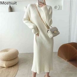 Winter Thicken Solid Knitted Long Maxi Sweater Dress Women Sleeve Half-high Collar Straight Loose Casual 210513