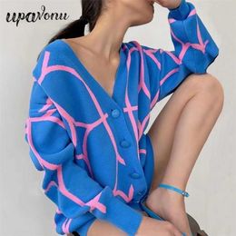 Women's Casual Oversized Cardigan Knitted Fall V-neck Lantern Long Sleeve Single-breasted Printed Knit 211103