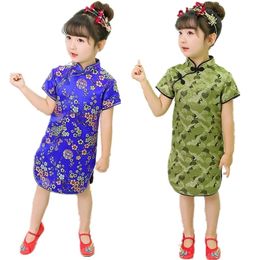 Floral Baby Girl Qipao Silky Dress Children Chi-Pao Cheongsam Chinese New Year Costume Clothes Kids Dresses Wedding Uniform 2-16 210413