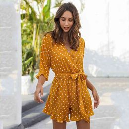 Half Sleeve Polka Dot Yellow Rompers Overalls for Women Wide Leg Casual Sash Beach Boho Summer Playsuits Short Jumpsuit 210427