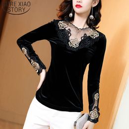 Autumn Winter Temperament Long Sleeve Women Blouses and Tops Print Black Hollow Mesh Shirts Plus Size 7140 50 210510