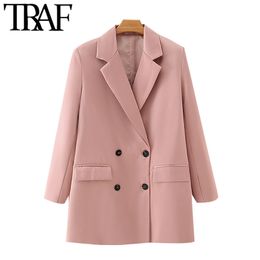 TRAF Women Fashion Office Wear Double Breasted Blazer Coat Vintage Long Sleeve Pockets Female Outerwear Chic Tops 210415