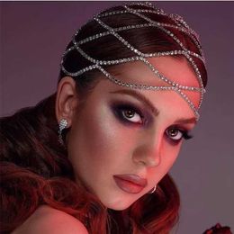 Hollow Mesh Headpiece Wedding Chain Jewellery for Women Luxury Crystal band Cap Hat Hair Accessories 220125