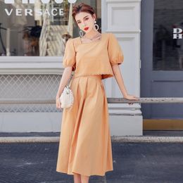 Vintage 2 Piece Set Women Casual Short Puff Sleeve square Collar Top And Hight waist Long Skirt Sets Summer sollid Two Piece Set 210514