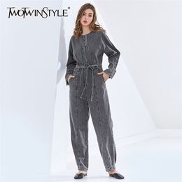 Denim Minimalist Jumpsuit For Women O Neck Long Sleeve High Waist Lace Up Bowknot Casual Jumpsuits Female Fashion 210521