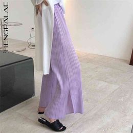 Folds Trousers Women's Summer High Elastic Waist Straight Loose Split Ankle-length Pants Female Tide 5E128 210427