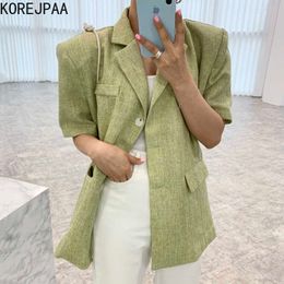 Korejpaa Women Jacket Summer Korean Chic Minimalist Temperament Lapel Single-Breasted Loose Versatile Short-Sleeved Blazer 210526