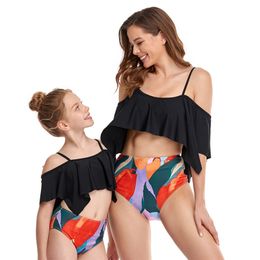 Mother Daughter Matching Swimsuit Family Look Women Kids Girls Ruffle Bandage Top High Waist Bikini Two Piece Swimwear 210417