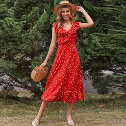 Vintage Polka Dot Summer Maxi Dress Robe Women Backless Ruffled Red Sundress Chic Boho Beach Style Long Vestido 210427