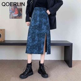 Tie-Dye Split Skirt Female Spring Summer Mid-length Retro High Waist Irregular A-line Plus Size Jeans Women 210601