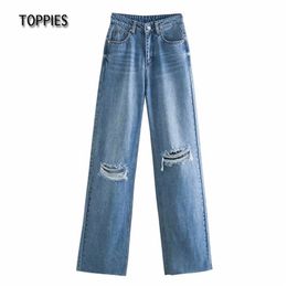 Woman Oversize Long Jeans Ripped Knee Hole Denim Pants High Waist Overlength Fashion Streetwear 210421