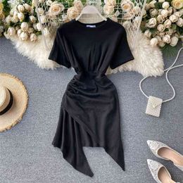 Summer Women's Short-sleeved Dress Female Korean The Design Sense Niche Irregular Folds Slim Fit Hip Dresses GX221 210507