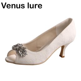 Dress Shoes Lace Ivory Mid Heel Wedding For Women Peep Toe Pumps With Crystal Charms