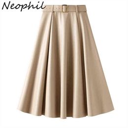 Neophil Biege PU Faux Leather Long Skirts With Belt High Waist Winter Vintage Latex Skirt A-Line Swing Flare Faldas S21910 211120