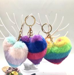 Rainbow plush peach heart keychain Party Favor multicolor stitching imitation rabbit fur love bag car ornaments wholesale