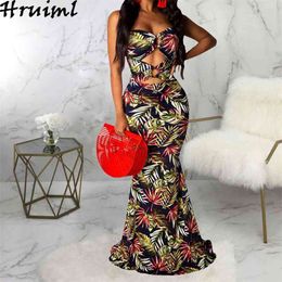 Womens Dresses Arrival Sexy Digital Printing Fashion Wind-wrapped Breast Dress Hollow Out Floor-Length Clothes 210513