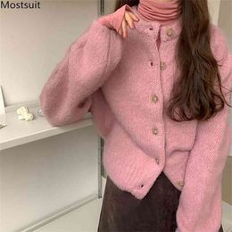 Autumn Women Knitted Cardigan Loose Cute Long Sleeve O-neck Single Breasted Yellow Pink Sweater Korean Ladies 210513