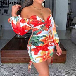 Arrival Floral Casual Dress One-shoulder Print Dresses Sexy Clubwear Off Shoulder Skinny Ruched Strappy Vestidos De Fiesta 210513