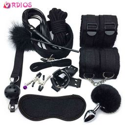 NXY Adult toys VRDIOS BDSM Sex Bondage Set Handcuffs Gag Whip NippleClamps Erotic Toys for Women Couples Shop Anal Butt Plug Tail 1130