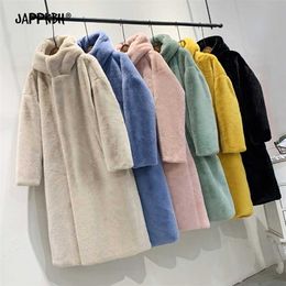 Hooded Faux Fur Coat Women Autumn Winter Casual Loose Long Female Jacket Fur Plush Thick Warm Cotton Lining Outwear Clothes 211018