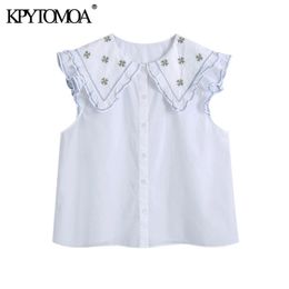 Women Sweet Fashion Patchwork Embroidery Poplin Blouses Peter pan Collar Button-up Female Shirts Chic Tops 210420