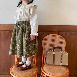 Girls Skirt Cute Floral Cotton Mid-Calf Skirt For Baby Girls New Korean Autumn Kids Draped Skirt Children Clothes 210331