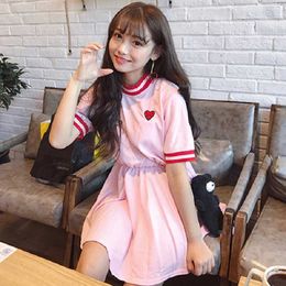 Summer pink Preppy dress cute short-sleeved casual fashion Harajuku Japanese love embroidery female Kawaii 210608