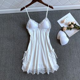 Women's Sleepwear Chemise Nightwear White Lace Sexy Nightgown Satin Women Spaghetti Sling Summer Home Dressing Gown