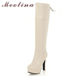 Women Boots Winter Knee High Lace Up Platform Thick Heel Long Extreme Shoes Ladies Fall Size 33-45 210517