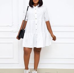 Women White Shirts Mini Dresses Three Quarter Loose Button Up Office Ladies Elegant Work Wear African Female Fashion Plus Size 210416