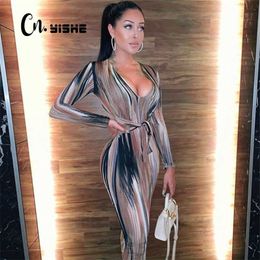 CNYISHE Stripe Tie Dye Printed Women Dress Long Sleeve Sheath With Belt Bandage Dresses Women Streetwear Long Dress Vestido Robe 211206