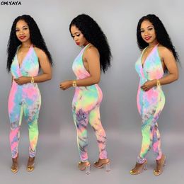 Women Summer Colorful Tie Dye Print Sleeveless Open Back Skinny Jumpsuit Bodycon Club Party Sexy Playsuit Romper H6063 Women's Tracksuits