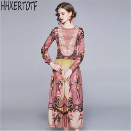 s Spring summer Fashion Vacation Maxi Dres Long Sleeve O Collar U-shaped lace print temperament dress 210531