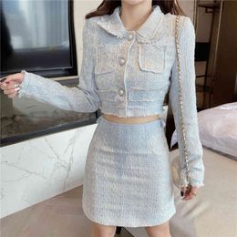 Autumn Winter Two Piece Set Elegant Skirt Suit Fashion Tweed Long Sleeve Crop Top + Bodycon Mini Skirt Set Outfits 210518