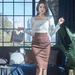 2 piece set Ladies Korea Fashion Autumn winter Sexy office white tops and long Skirt for women clothing 210602