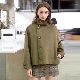 Women's Wool & Blends Green Colour Turtleneck Double Breasted Side Cashmere Blend Coat Wonter Jacket For Women Office Ladies1