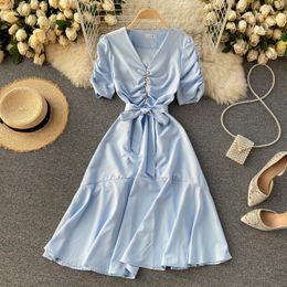SINGREINY French Elegant Women Dress Design Ruched V Neck Short Sleeve A-line Dress Summer Fashion Streetwear Midi Dresses 210419