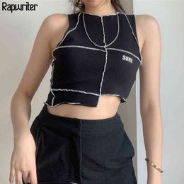 Rapwriter Gothic Letter Striped Sexy Crop Top Women O-Neck Irregular Hem Ribbed Summer Tank Top Bandage Vest female Clothes 210415