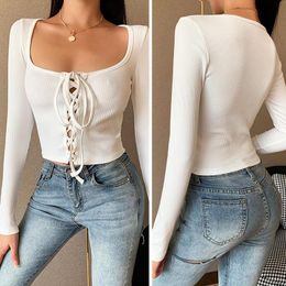 Women's T-Shirt Seasons Ribbed Bandage Hollow Out Women T Shirt Crop Top Long Sleeve Sexy Streetwear Cardigan Tops White