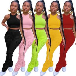 Female Ladies Tracksuits Joggers Sleeveless 2 Piece Stacked Legging Set With Crop Top