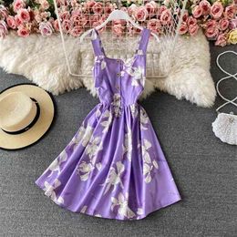 Summer Female Print Sleeveless Vestidos Women's Square Collar Slim Sweet Waist A-line Sling Mini Dress C855 210506