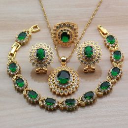 Dubai Yellow Gold Color Jewelry Sets For Women Fashion Accessories Green Cubic Zircon Big Flower Sets H1022