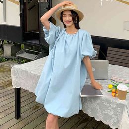 Summer Fashion Elegant Temperament Pure Colour Gentle Wind Light Blue O-neck Puff Sleeve Mini Dress 16F1281 210510